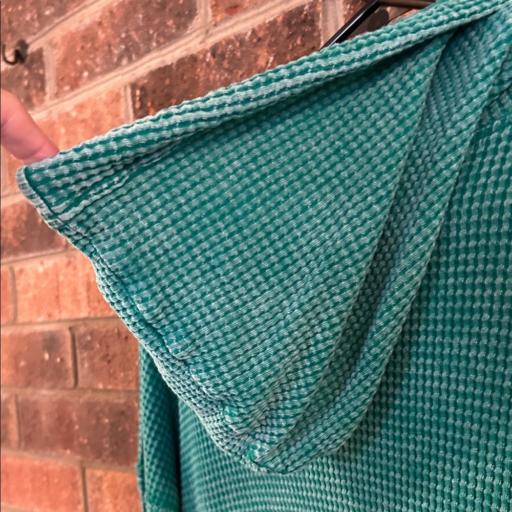 Zenana Outfitters Teal Short Sleeve Waffle Knit Henley Hoodie - Picture 5 of 6